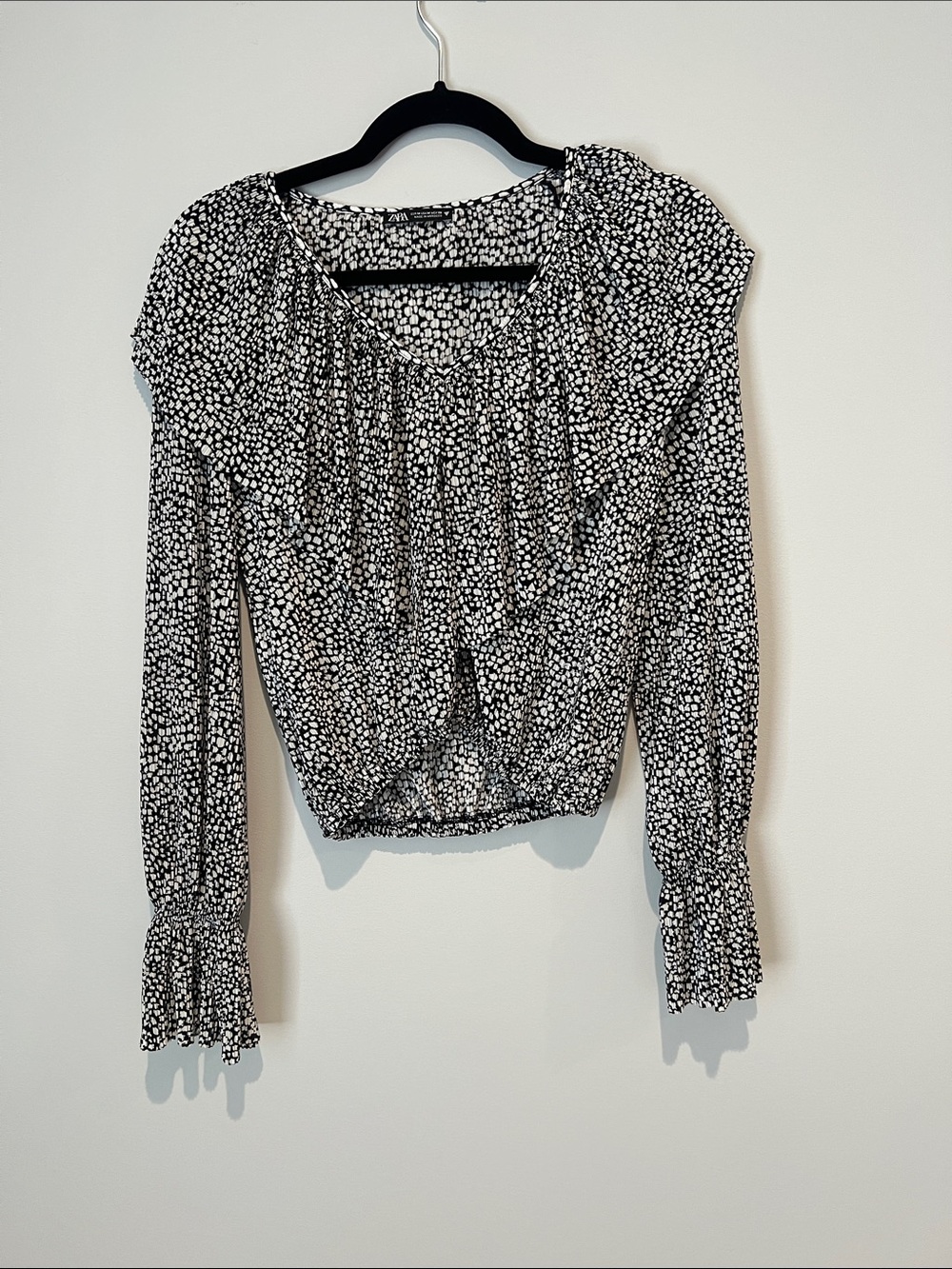 Zara Black and White Dotted Tie-Front Blouse
